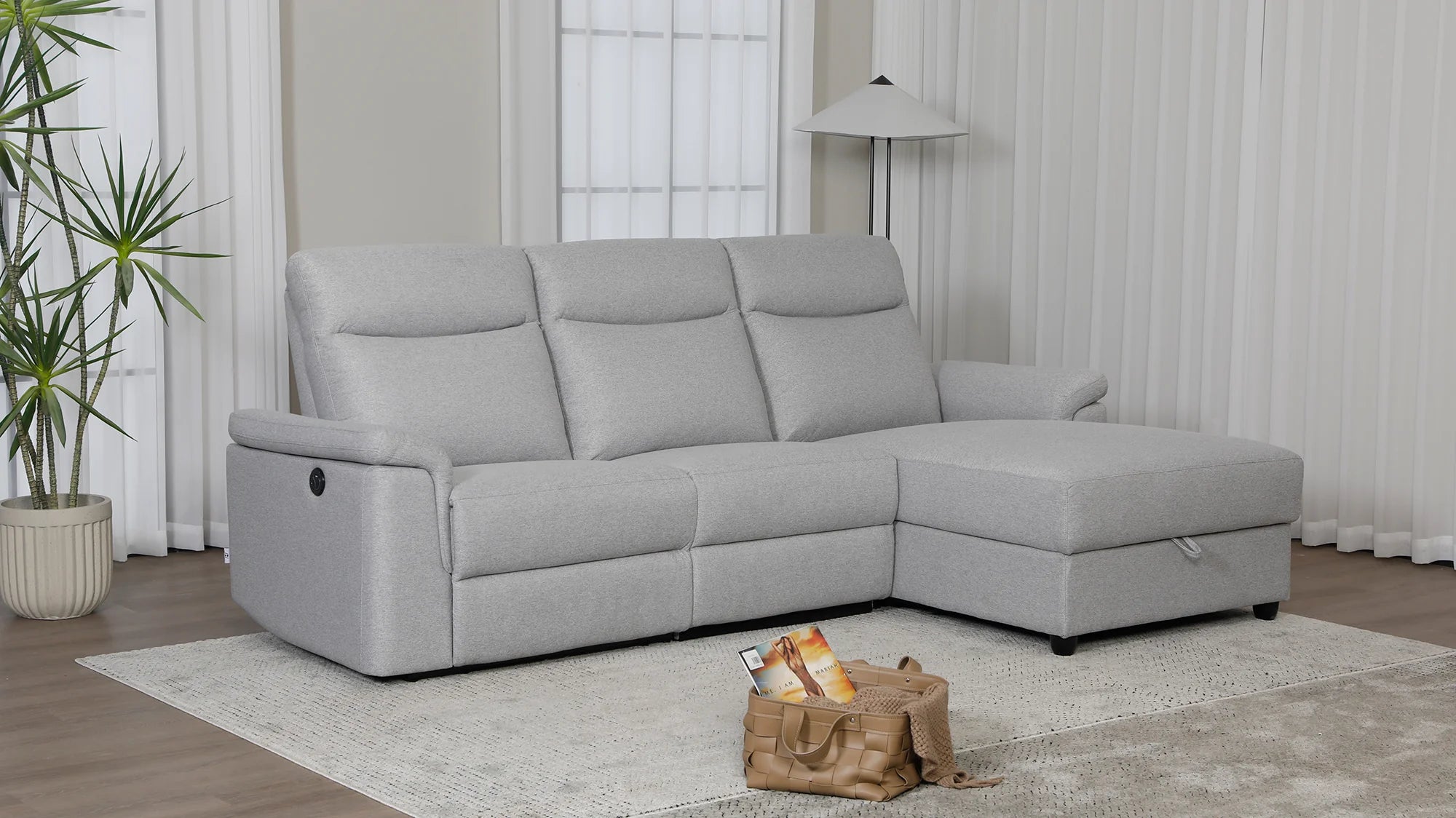 Dawson Fabric Electrical Recliner 2 Seater with Storage Chaise Dark Grey \ Silver